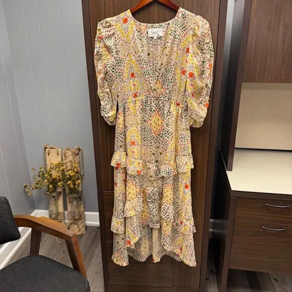 ba&sh Paris Happy Dress | Boho Ruffle Tiered Midi | Earth-Tone Floral | Small - Picture 4 of 13
